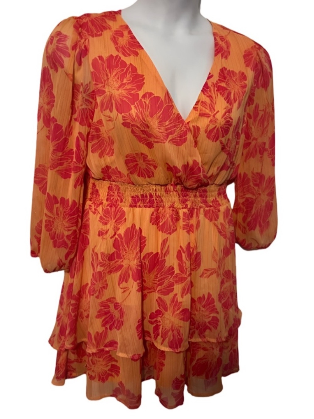 Mimi Chica Vibrant Orange & Pink Floral V-Neck Ruffle Tiered Dress